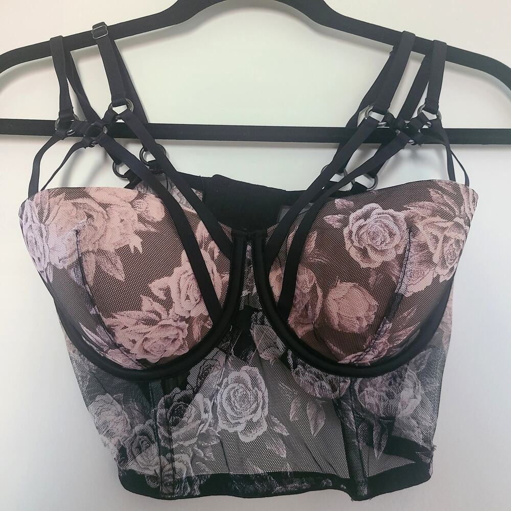 Victoria’s Secret 34D Longline Bustier Bra Black Sheer Floral Mesh Cage Back